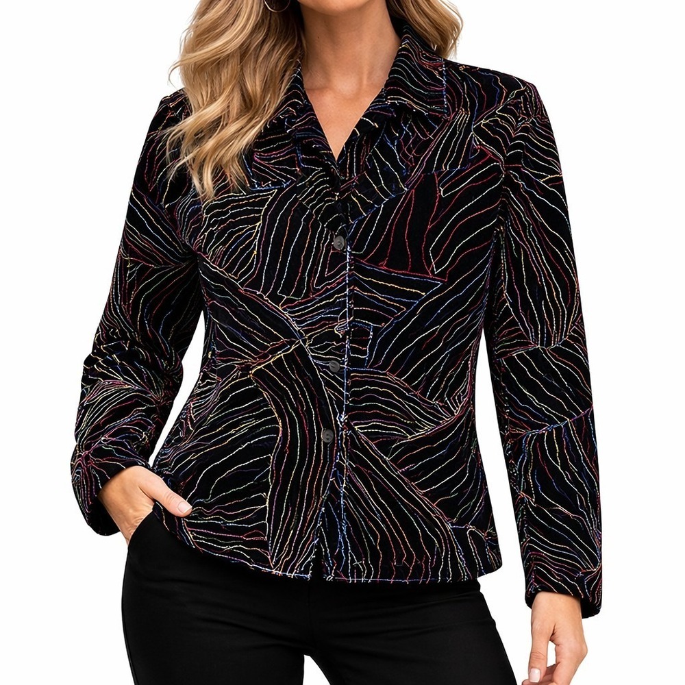 Chicos Velvet Embroidered Jacket Size 2 Large Black Abstract Neon Evening Blazer